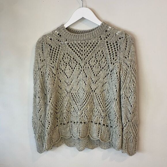 Knitted Crochet Crew Neck Bohemian Chic Cottagecore Green Sweater - Picture 1 of 6